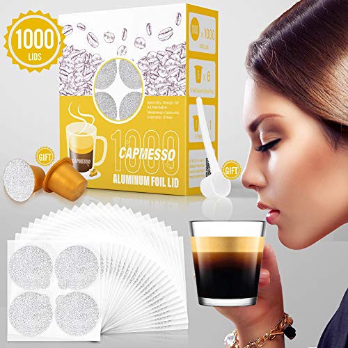 CAPMESSO Filtros Cápsulas de Café compatibles con Nespresso+ Tapas de Papel de Aluminio Autoadhesivas (1000 vainas + 6 Tapas + Cuchara)