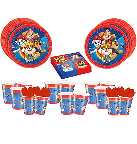 CAPRILO Lote de Cubiertos Infantiles Desechables Patrulla Canina New (8 Vasos, 8 Platos y 16 Servilletas) .Vajillas y Complementos. Juguetes para Fiestas de Cumpleaños, Bodas, Bautizos y Comuniones.