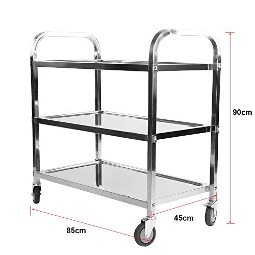 Carrito de Servir con Ruedas, 3 Niveles Acero Carrito Cocina Bandejas de Catering Carrito Grande Carro de Comida Trolley con Freno para Hotel Baño Restaurante Almacenamiento, 850x900x450mm (1 Piezas)