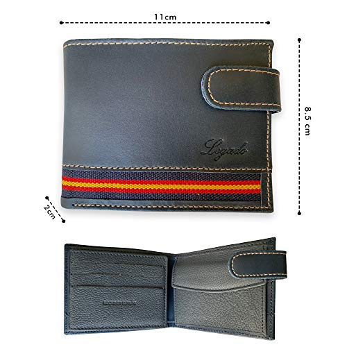 Cartera Hombre Marino Piel tratada LEGADO con Bandera España Cartera Ubrique Regalo Pulsera Bandera de España (Horizontal Marino con Broche)