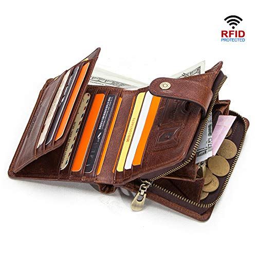 Cartera Vintage de Cuero Genuino para Hombres con Bolsillo para Monedas billeteras Cortas Billetera pequeña con Cremallera con tarjeteros Hombre Monedero-café, a1