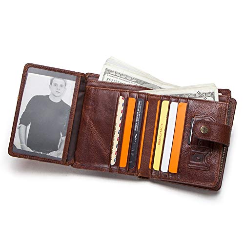 Cartera Vintage de Cuero Genuino para Hombres con Bolsillo para Monedas billeteras Cortas Billetera pequeña con Cremallera con tarjeteros Hombre Monedero-café, a1