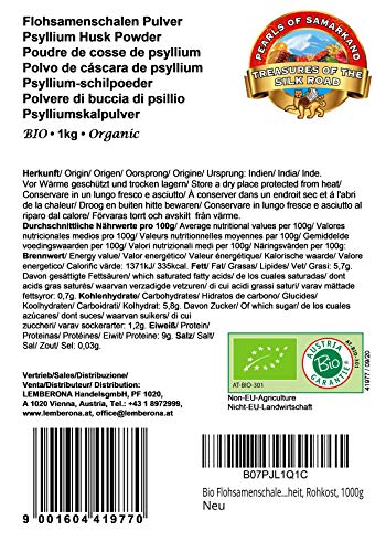 Cáscara de Psyllium Rubio en polvo BIO 1 kg harina, ecológico calidad superior 99%+ puras, orgánico, crudo 1000g