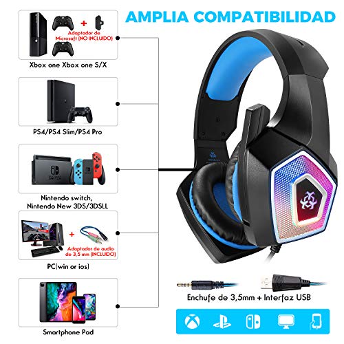 Cascos Gaming, Auriculares Gaming PS4 con Microfono para PC Xbox One Switch Tablet Cascos Gamer Estéreo y Cancelació de Ruido, Auricular Diadema con Luz LED RGB 3.5mm Jack y Orejeras Suaves de Memoria