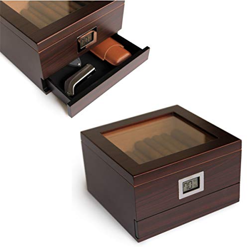 CASE ELEGANCE Humidificador de Cedro Hecho a Mano con Higrómetro Digital Frontal, Solución Humidificadora y Cajón de Accesorios - Capacidad de 25 a 50 cigarros