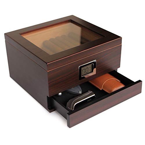 CASE ELEGANCE Humidificador de Cedro Hecho a Mano con Higrómetro Digital Frontal, Solución Humidificadora y Cajón de Accesorios - Capacidad de 25 a 50 cigarros