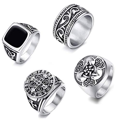 CASSIECA 4PCS Anillo de Acero Inoxidable para Hombres Mujeres Grandes Anchos Cuadrado Grabado Anillo Vintage Rock Gotico Anillos Joyeria