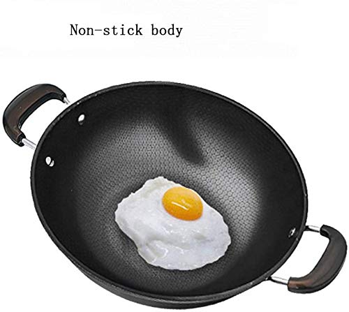 Cast Iron Wok manija Pan Sartén Doble Completo de Nido de Abeja Fina del Plano de Acero del hogar Inferior Moldeada sin Recubrimiento de Hierro Cocina de inducción Universal 2020,32cm