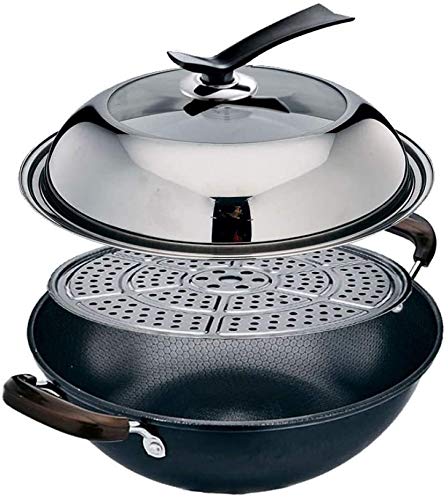 Cast Iron Wok manija Pan Sartén Doble Completo de Nido de Abeja Fina del Plano de Acero del hogar Inferior Moldeada sin Recubrimiento de Hierro Cocina de inducción Universal 2020,32cm