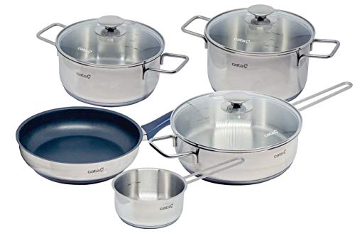 Cata 3000006 Set menaje profesional, ollas de cocina, Batería de cocina acero inoxidable, Cazuelas de cocina 5 piezas, Tapas de cristal alta resistencia