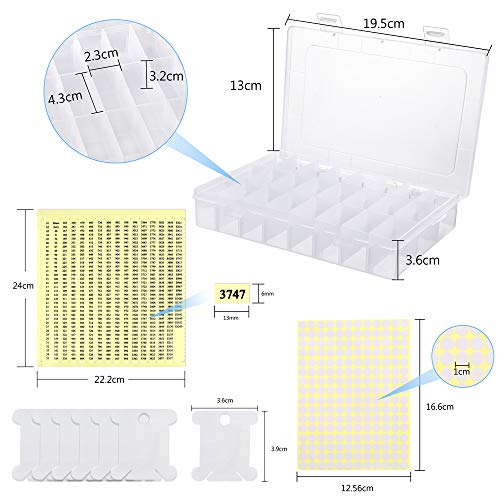 Caydo - Juego de 150 bobinas de hilo de plástico blanco, 2 unidades, 24 cuadrículas, caja organizadora con 552 pegatinas de números de hilo dental y 165 pegatinas en blanco