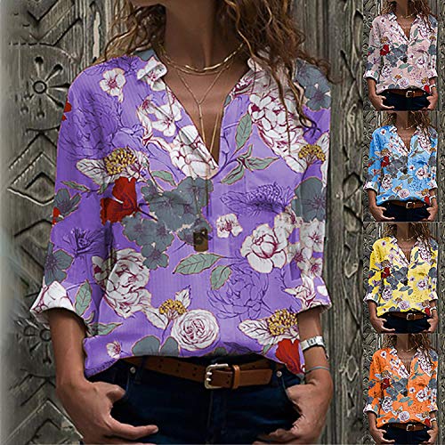 CCTor Otoño Invierno Blusas para Mujer Estampado Floral Camisas de Manga Larga Cuello en V Elegante Manga Larga Femenina 2020 Blusa Robe Femme - Naranja - 5X-Large