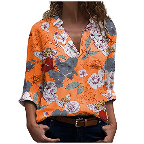 CCTor Otoño Invierno Blusas para Mujer Estampado Floral Camisas de Manga Larga Cuello en V Elegante Manga Larga Femenina 2020 Blusa Robe Femme - Naranja - 5X-Large