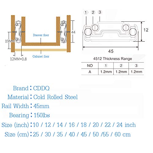 CDDQ - Guías para cajones con cierre suave, 250 - 600 mm, capacidad de carga de 150 kg, rieles telescópicos de acero inoxidable, guía de bolas, 45 mm de ancho, Guía, Con buffer de vapor., 24inch/60cm