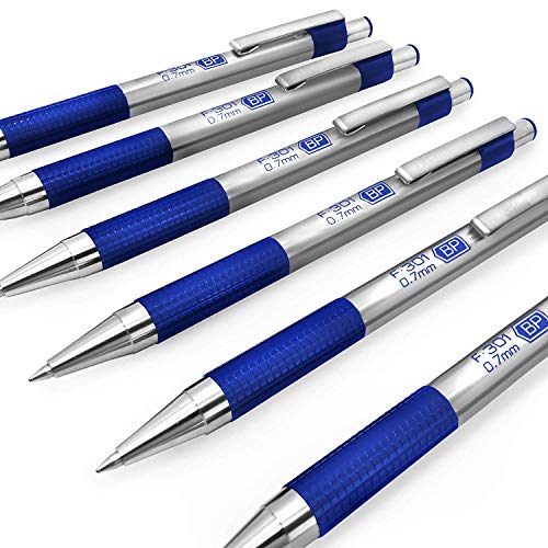 Cebra F-301 - Acero Inoxidable Retráctil Bolígrafo - 0.7mm Medio - Tinta Azul - Azul Barril - Paquete de 6