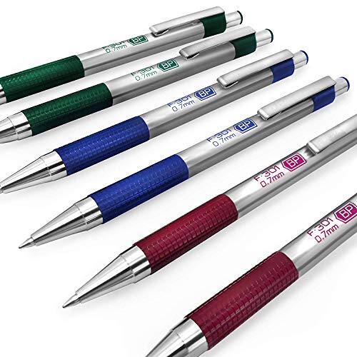 Cebra F-301 - Acero Inoxidable Retráctil Bolígrafo - 0.7mm Medio - Tinta Azul - Azul, Verde y Granate Barril - Paquete de 6