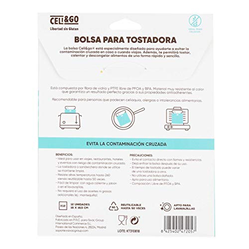 CELI&GO Bolsa para Tostadora - Pack de 12 Bolsas para Tostar Antiadherentes, Reutilizables, Lavables, Libres de PFOA, Evita la Contaminación Cruzada - Tamaño Sandwich 16 x 16,5 cm