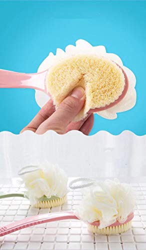 Cepillo corporal de ducha con cerdas y esponja vegetal, esponja de malla para baño con depurador posterior con mango largo curvado para baño exfoliante de la piel (Pink)