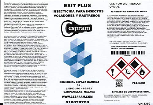 CESPRAM-Insecticida concentrado exteriores, para insectos voladores y rastreros.Moscas,mosquitos,polillas,gusanos,hormigas,cucarachas,etc, Alto poder residual. Exit plus.Envase de 1 litro.