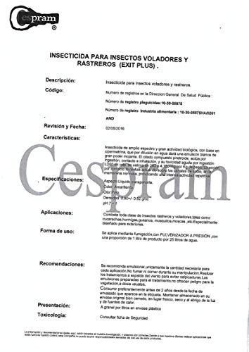 CESPRAM-Insecticida concentrado exteriores, para insectos voladores y rastreros.Moscas,mosquitos,polillas,gusanos,hormigas,cucarachas,etc, Alto poder residual. Exit plus.Envase de 1 litro.