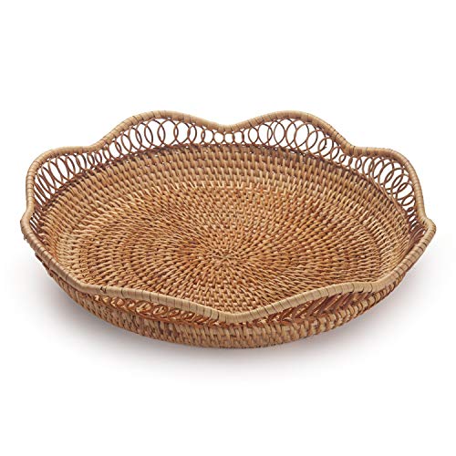 Cesta de Frutas de Ratán Natural Tejido Panera para Servir Comida, Galletas, Bocadillos (30cm Diámetro x 9cm Altura）