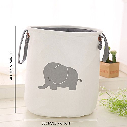 Cesto Ropa Sucia Infantil Plegable,Cubo Almacenaje de Libros/baño/toallitas para Bebe,Organizador Juguetes Tela,Bolsa Colada de Algodon Redondo para Ropa de Lavandería Ninos, 40 x 35cm (Elefante)