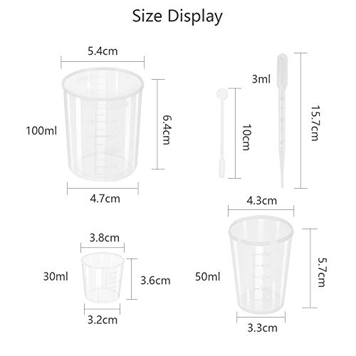 CHALA 65PCS Vasos Graduados 30pcs Jarra Medidora de Plástico Vaso de Mezcla Transparente de 30 ml/50 ml/100 ml con 30pcs Barras Agitadoras 5pcs Gotero para Alimentos,Laboratorio