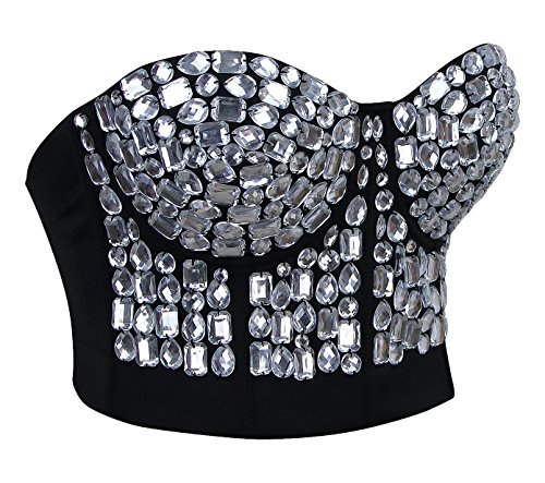 Charmian Women's Punk Rhinestone Push Up Bra Clubwear Party Bustier Crop Top Silver Large