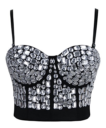 Charmian Women's Punk Rhinestone Push Up Bra Clubwear Party Bustier Crop Top Silver Large