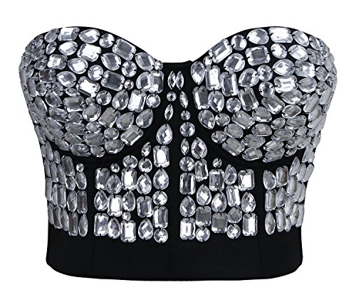 Charmian Women's Punk Rhinestone Push Up Bra Clubwear Party Bustier Crop Top Silver Large