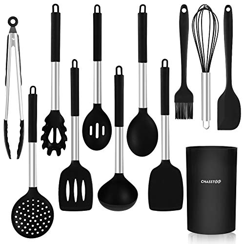 CHASSTOO Utensilios de Cocina, 12 Piezas Utensilios de Cocina de Silicona Resistentes al Calor, Herramientas de Cocina con Mango de Silicona, Utensilios de Cocina antiadherentes, Negro