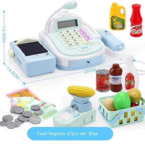 Childrens Kids Cash Register Pretend Play Supermarket Shop Hasta juguetes con calculadora, escáner de trabajo, tarjeta de crédito, comida de juego, balanza electrónica, dinero y más (color: azul, t