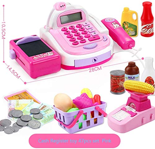 Childrens Kids Cash Register Pretend Play Supermarket Shop Hasta juguetes con calculadora, escáner trabajo, tarjeta crédito, comida juego, balanza electrónica, dinero y más (color: PINK, tamaño: 47