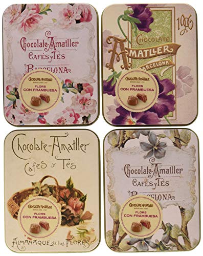 Chocolate Amatller Flors - Bombones chocolate con leche y Frambuesa en caja metal - 4 cajas de 72 gr. (Total 288 gr.)