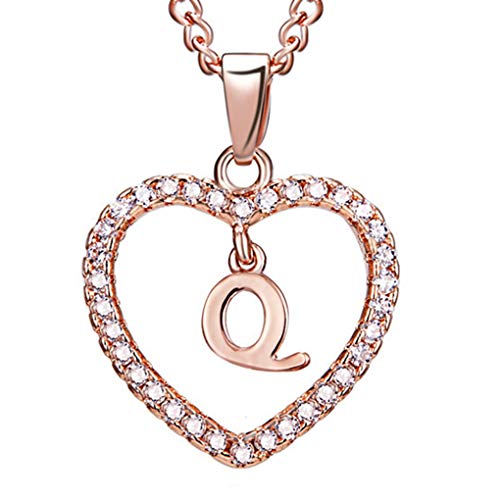 Chowcencen 26 Forma Letras Q Corazón Letras Colgante de Collar Colgante de Collar del Rhinestone de Rose de Oro en la Cadena de clavícula joyería Pareja Regalo