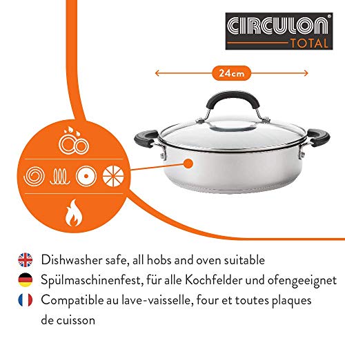 Circulon Total Cacerola con Tapa, cazuela Antiadherente para una cocción Uniforme y Completa, cazuela de Acero Inoxidable Apta para inducción y Todo Tipo de cocinas, 24 cm (2.8 l)