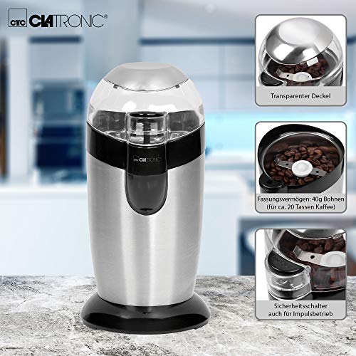 Clatronic KSW 3307 - Molinillo eléctrico de café, especias, semillas o granos, 120 W, capacidad 40 gr, 20 tazas de café, cuchillas acero inoxidable, tamaño compacto, acabado acero inoxidable