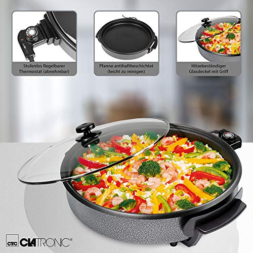 Clatronic PP 2914 Sartén eléctrica con tapa de cristal, diámetro 38 cm, 1400 W, Negro