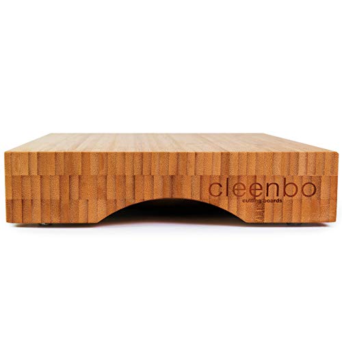 cleenbo - Tabla de corte "Cube Bamboo" Tabla de cocina profesional de bambú con bandeja de goteo de acero inoxidable, dimensiones 43 x 29 x 7 cm