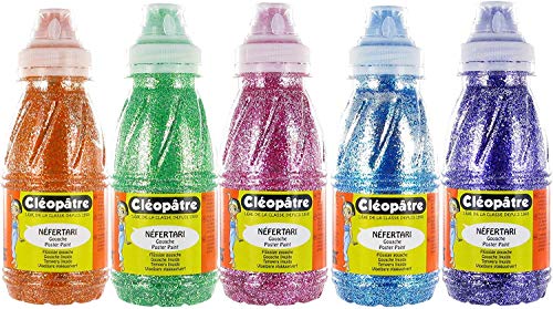 Cleopatre - PP250x5A - Pack de 5 frascos de pintura al agua con purpurinas, 250 ml, colores primarios