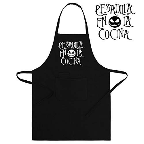 ClickInk Delantal Divertido y Original. Parodia Pesadilla Antes de Navidad - Pesadilla en la Cocina (Jack Skeleton). Regalo Friki (65x90cm, Negro)