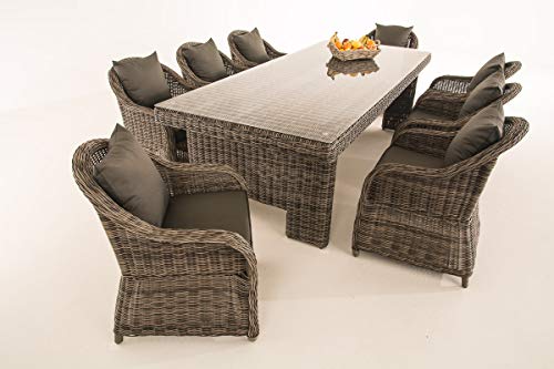 CLP mimbre/conjunto de comedor de ratán sintético Jardín Candela XL, grey-mottled, 8 sillones incl. Cojines + mesa 256 x 109 cm, fibras de calidad premium: mimbre redonda, 5 mm de espesor, grey (mottled), Cushion: Anthracite