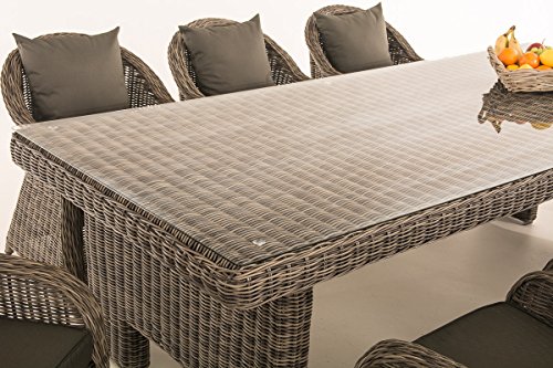 CLP mimbre/conjunto de comedor de ratán sintético Jardín Candela XL, grey-mottled, 8 sillones incl. Cojines + mesa 256 x 109 cm, fibras de calidad premium: mimbre redonda, 5 mm de espesor, grey (mottled), Cushion: Anthracite