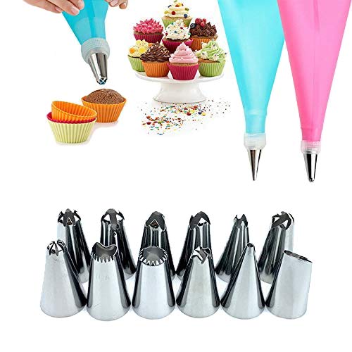 CLTech, bolsa de tubo de silicona y 12 boquillas de acero inoxidable y convertidor de máquina de hielo, puntas de repostería para decoración de pasteles, 14 piezas/juego (rosa), calidad alimentaria, s