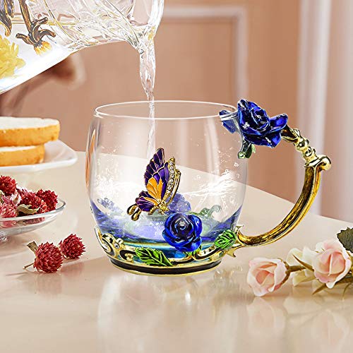 COAWG Taza de Té de Esmalte, Cristal Taza Transparente de Cristal Rosa Azul Taza de Té y Café con Manija Elaborada de la Flor Diseño Único Regalos para Mujeres de Navidad - 330ml 2Pcs