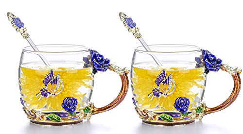 COAWG Taza de Té de Esmalte, Cristal Taza Transparente de Cristal Rosa Azul Taza de Té y Café con Manija Elaborada de la Flor Diseño Único Regalos para Mujeres de Navidad - 330ml 2Pcs