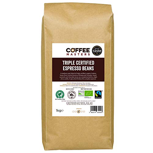 Coffee Masters Granos de Café Arábigo con Triple Certificación, Orgánico, Fairtrade, 1kg - Ganador Del Premio Great Taste 2018