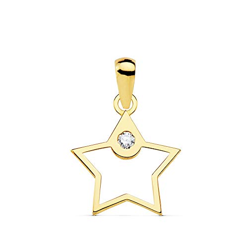 Colgante Oro 18K Mujer 12mm. Estrella Calada Borde Liso Punta Circonita