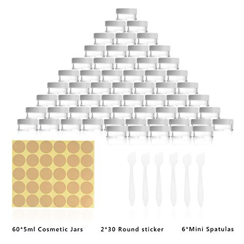 Colmanda Envase Cosmético, 60 Piezas Tarros de Plástico con 6 Raspador Y Pegatinas, 5 ml Contenedores Cosmético, Tarro Vacío Crema para Loción, Crema, Minivelas, Cosméticos - Blanco