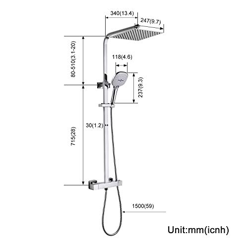 Columna de Ducha Termostatica WOOHSE Conjunto de Ducha con Termostato Sistema de Ducha con Ducha de Lluvia Cuadrada y 3 Tipos Ducha de Mano Set de Ducha Barra Ajustable 82,3 - 122,5 cm para Baño